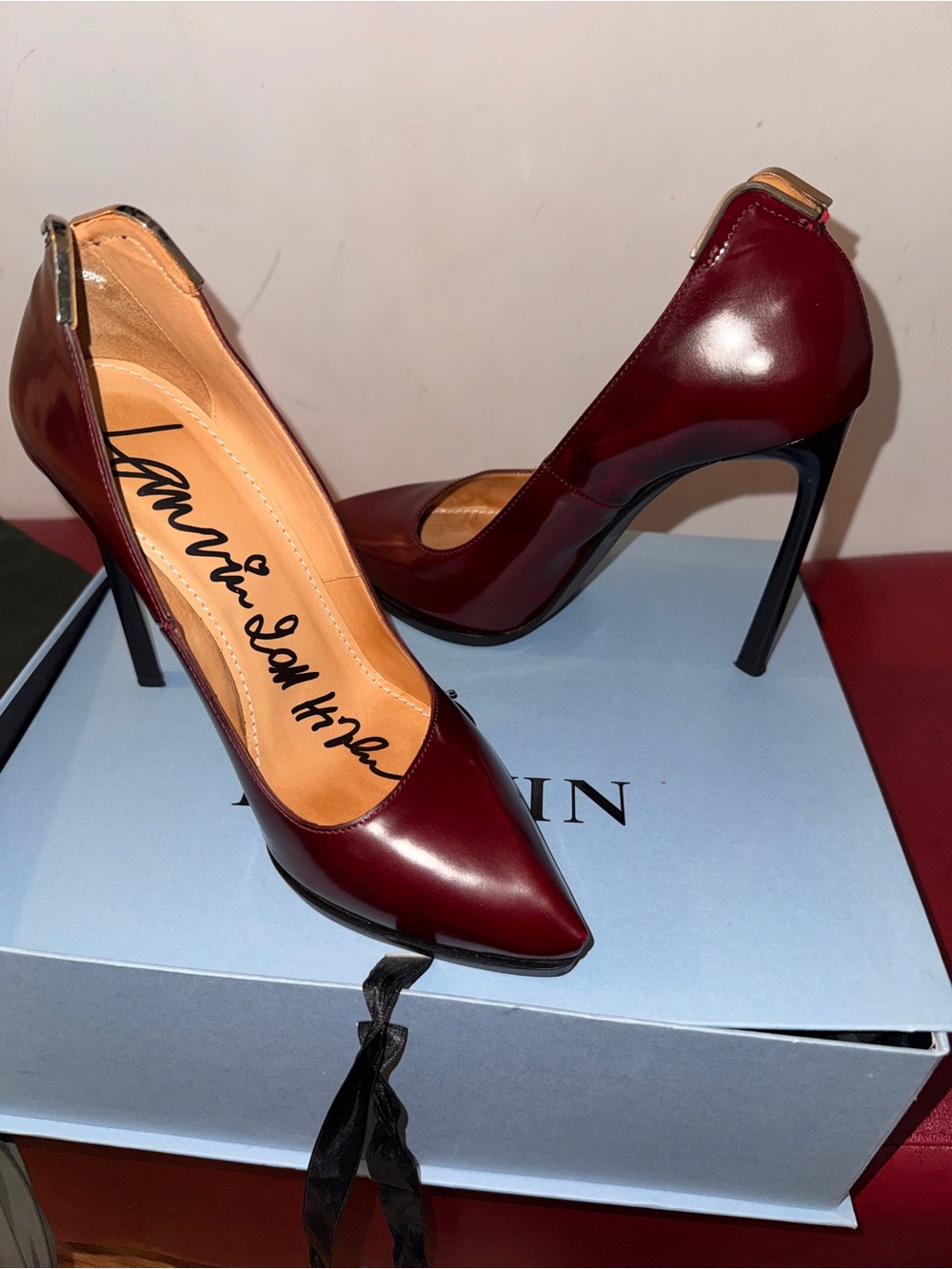 Lanvin Wine Red Patent Leather Pointed Pumps with Gold Heel Tab